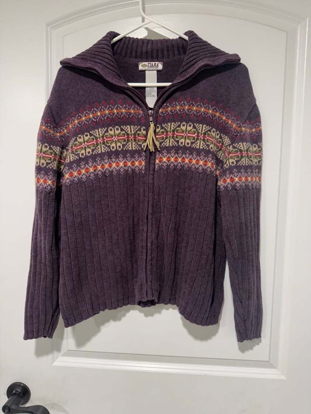 TIARA International XL Purple Nordic Fair Isle Knit Ramie Cotton Zip Sweater
